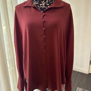 Mm LaFleur Cabernet colored Bell-Sleeved Blouse with vintage style button detail